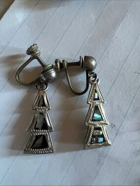 Vintage Silver 945 Abalone Inlay Triangle Drop screw Earrings small 1 inch drop